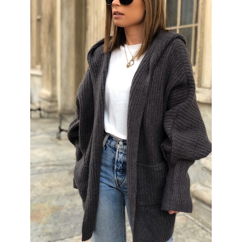 Gray Chunky Knit Hoodie Cardigan •